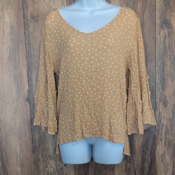 Maurices Tops - Maurices Mustard Polka Dot Blouse with Ruffle Sleeves M                     D378